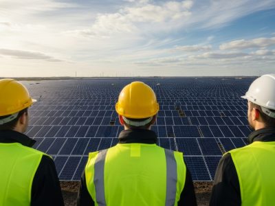Three engineers observe a large solar power plant, symbolizing sustainable energy and green technology development.