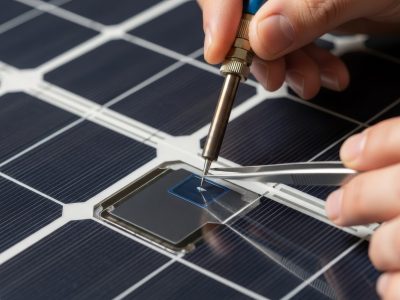 Close-up of a technician repairing a solar panel using a soldering iron.