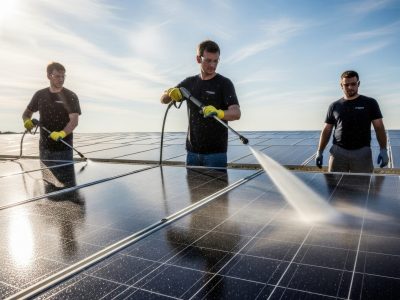 Three men are cleaning solar panels with high-pressure washers under a bright sky.